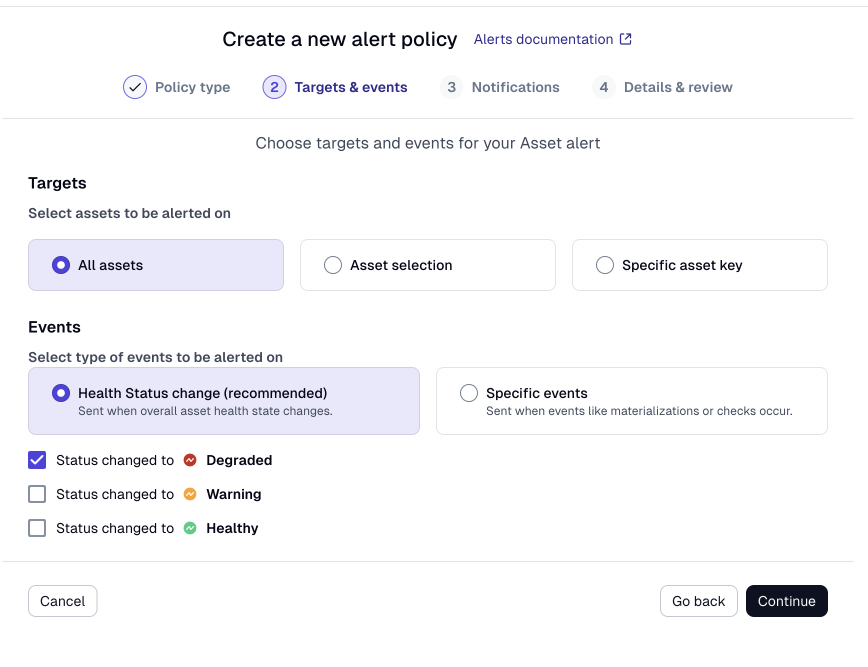 Create new health alert policy UI